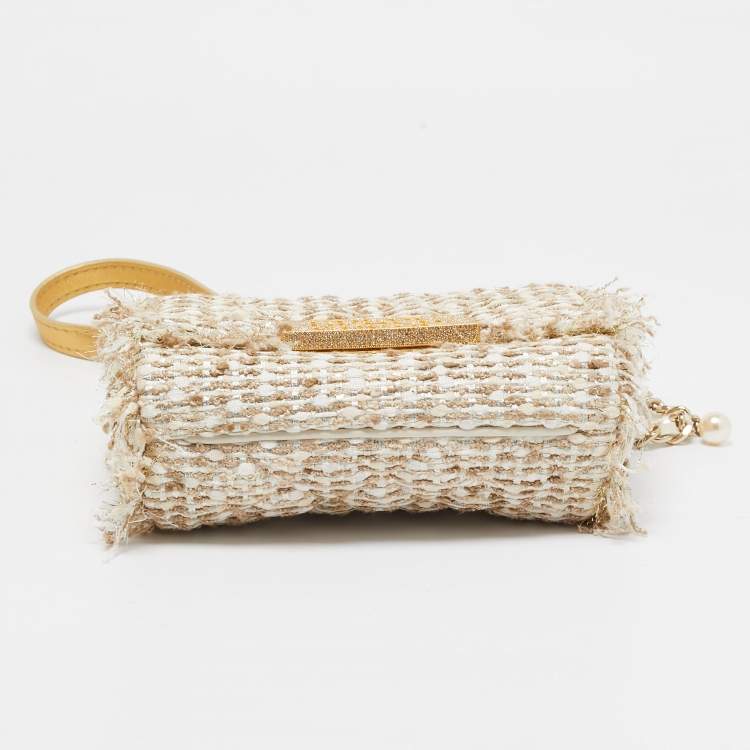 Pre Owned Carolina Herrera Gold/White Woven Fabric and Crystals Logo Flap Shoulder Bag