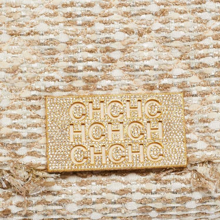 Pre Owned Carolina Herrera Gold/White Woven Fabric and Crystals Logo Flap Shoulder Bag
