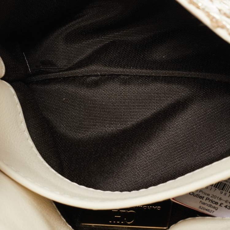 Pre Owned Carolina Herrera Gold/White Woven Fabric and Crystals Logo Flap Shoulder Bag