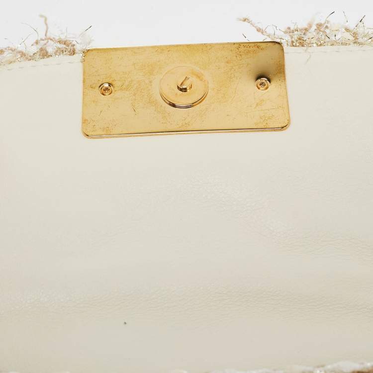 Pre Owned Carolina Herrera Gold/White Woven Fabric and Crystals Logo Flap Shoulder Bag