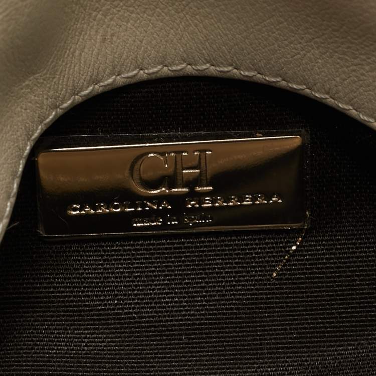 Pre Owned Carolina Herrera Gold/White Woven Fabric and Crystals Logo Flap Shoulder Bag