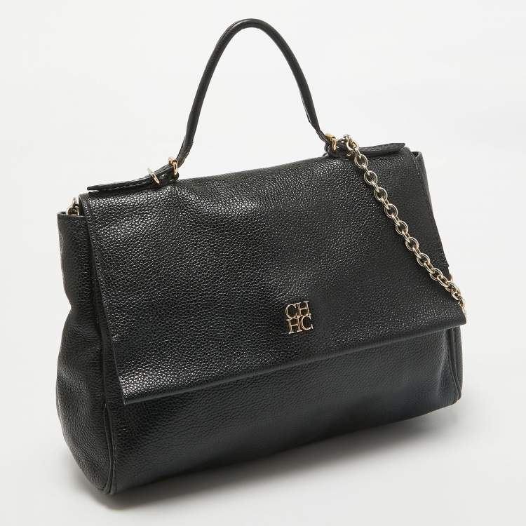 Pre Owned Carolina Herrera Black Leather Minuetto Flap Top Handle Bag