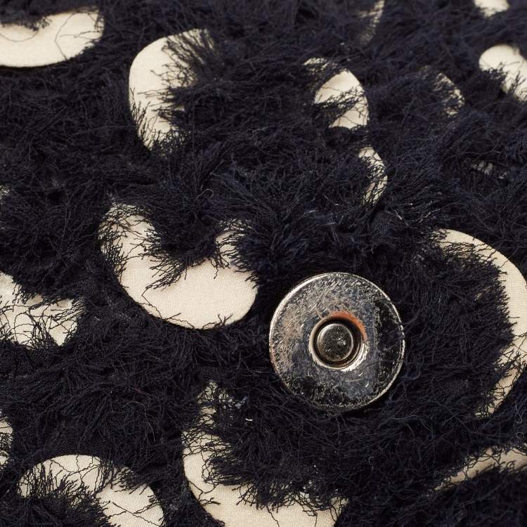 Pre Owned Carolina Herrera Black Leather and Tweed Floral Applique Shoulder Bag