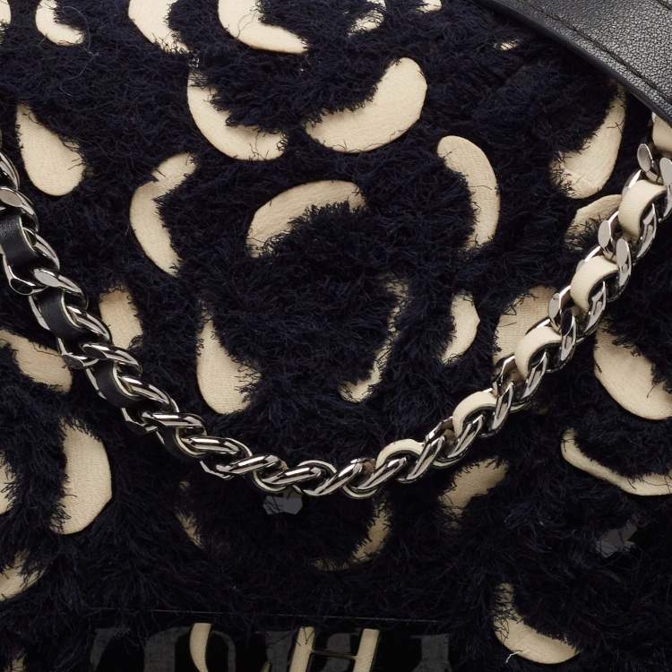 Pre Owned Carolina Herrera Black Leather and Tweed Floral Applique Shoulder Bag