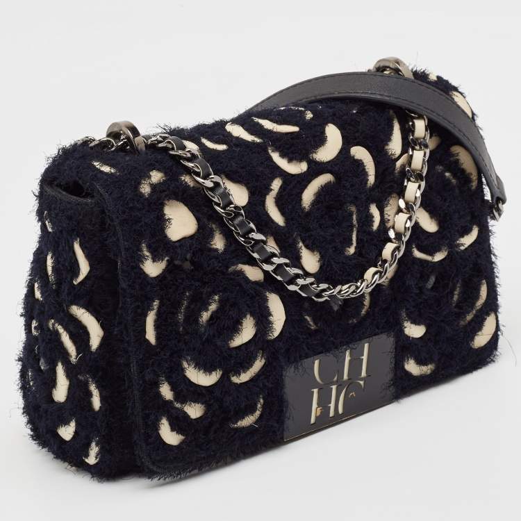 Pre Owned Carolina Herrera Black Leather and Tweed Floral Applique Shoulder Bag