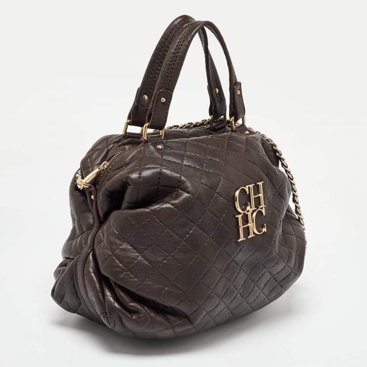 Pre Owned Carolina Herrera Dark Brown Quilted Leather Pleated Chain Satchel