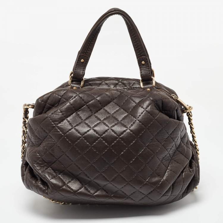 Pre Owned Carolina Herrera Dark Brown Quilted Leather Pleated Chain Satchel