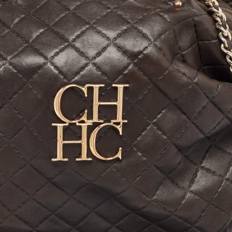 Pre Owned Carolina Herrera Dark Brown Quilted Leather Pleated Chain Satchel