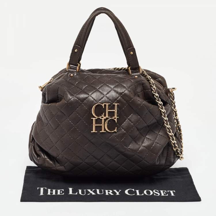 Pre Owned Carolina Herrera Dark Brown Quilted Leather Pleated Chain Satchel