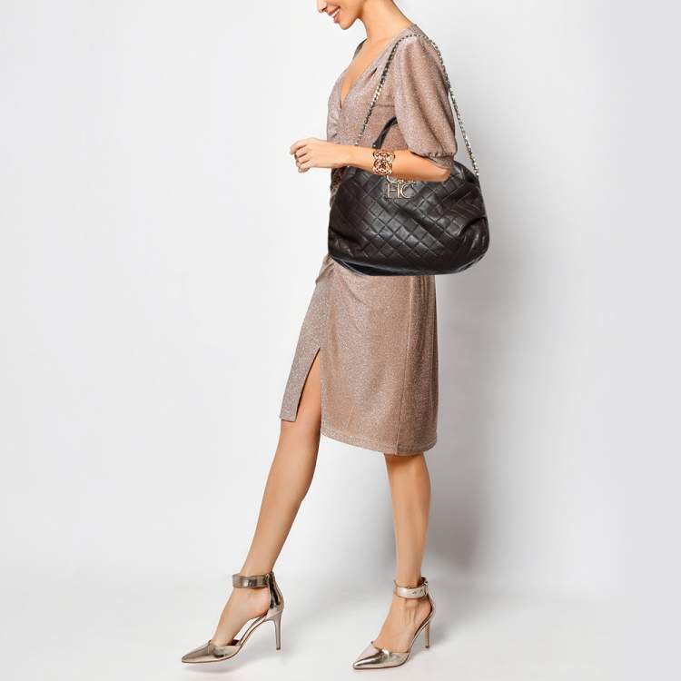 Pre Owned Carolina Herrera Dark Brown Quilted Leather Pleated Chain Satchel