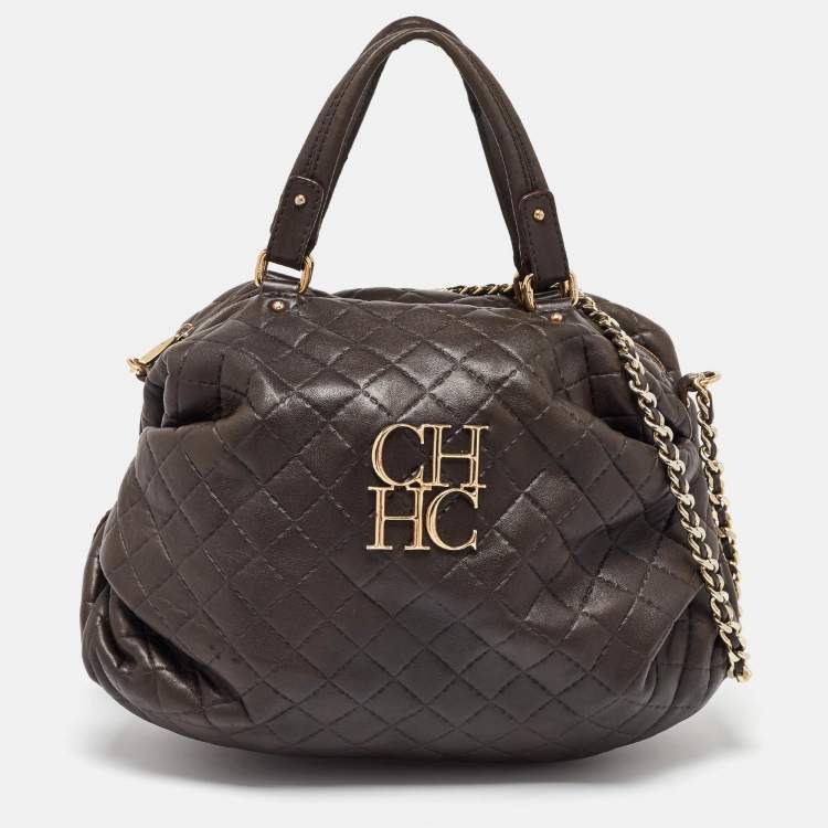 Pre Owned Carolina Herrera Dark Brown Quilted Leather Pleated Chain Satchel
