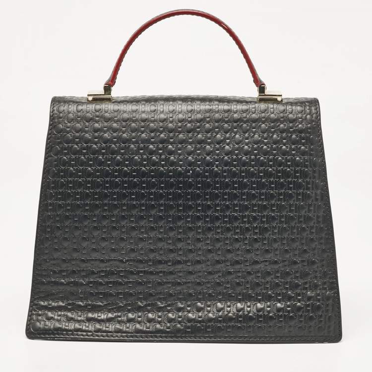 Pre Owned  Carolina Herrera Black Monogram Embossed Leather Flap Top Handle Bag