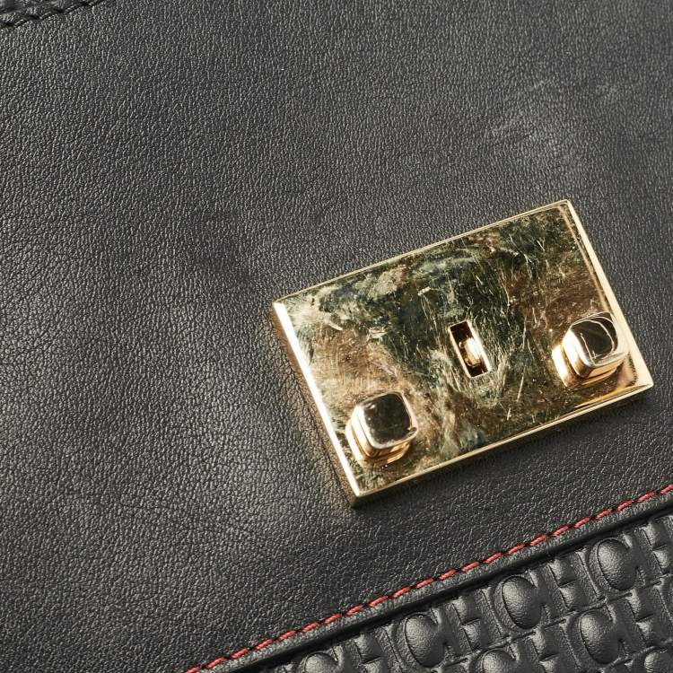 Pre Owned  Carolina Herrera Black Monogram Embossed Leather Flap Top Handle Bag