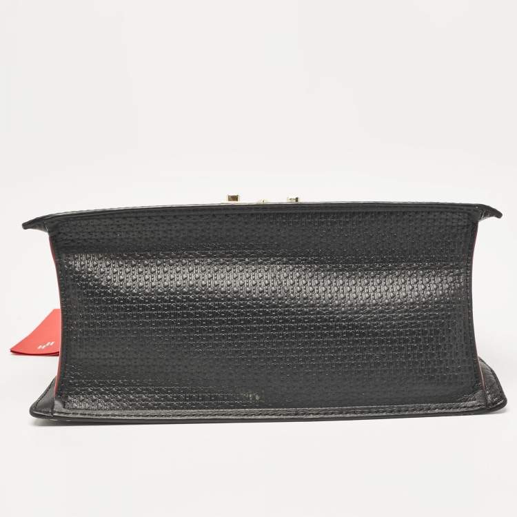 Pre Owned  Carolina Herrera Black Monogram Embossed Leather Flap Top Handle Bag