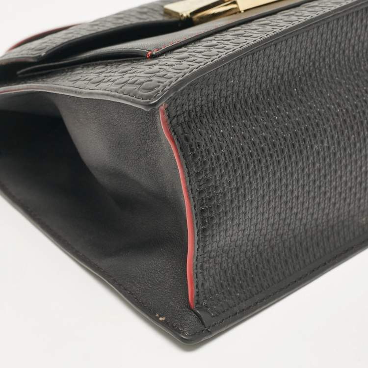 Pre Owned  Carolina Herrera Black Monogram Embossed Leather Flap Top Handle Bag