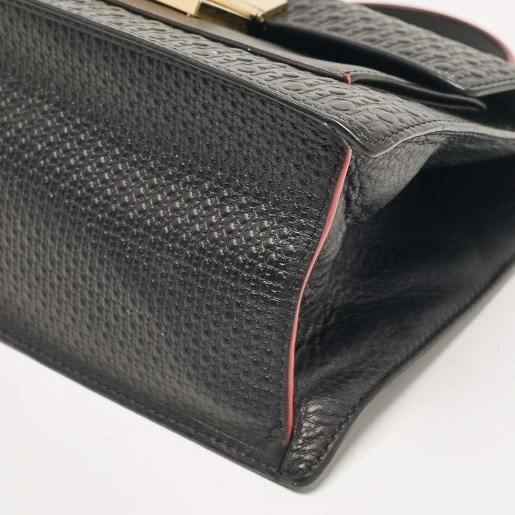 Pre Owned  Carolina Herrera Black Monogram Embossed Leather Flap Top Handle Bag