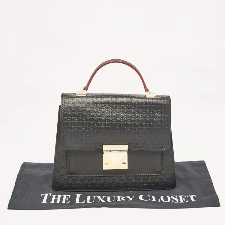 Pre Owned  Carolina Herrera Black Monogram Embossed Leather Flap Top Handle Bag
