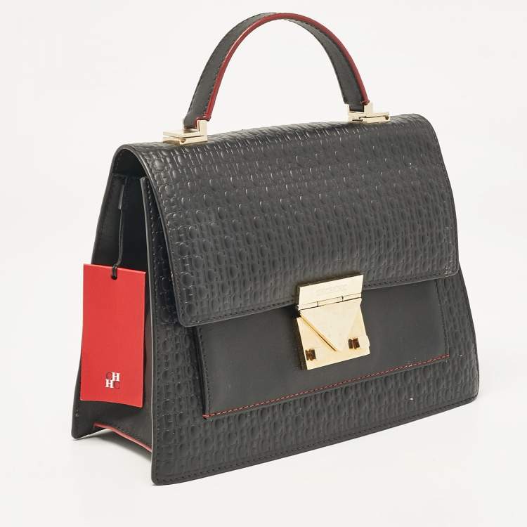 Pre Owned  Carolina Herrera Black Monogram Embossed Leather Flap Top Handle Bag