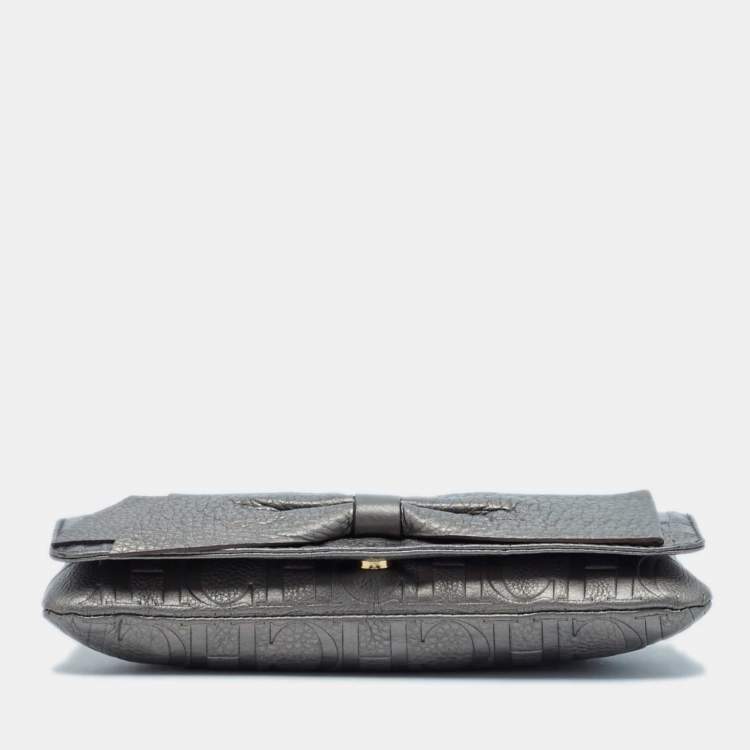 Pre Owned Carolina Herrera Metallic Monogram Embossed Leather Audrey Clutch