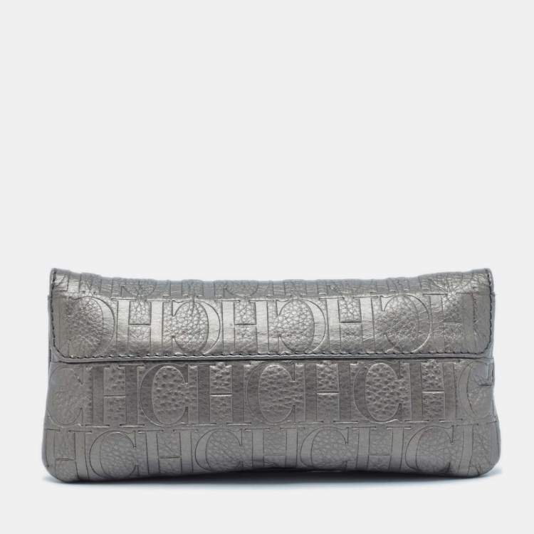 Pre Owned Carolina Herrera Metallic Monogram Embossed Leather Audrey Clutch