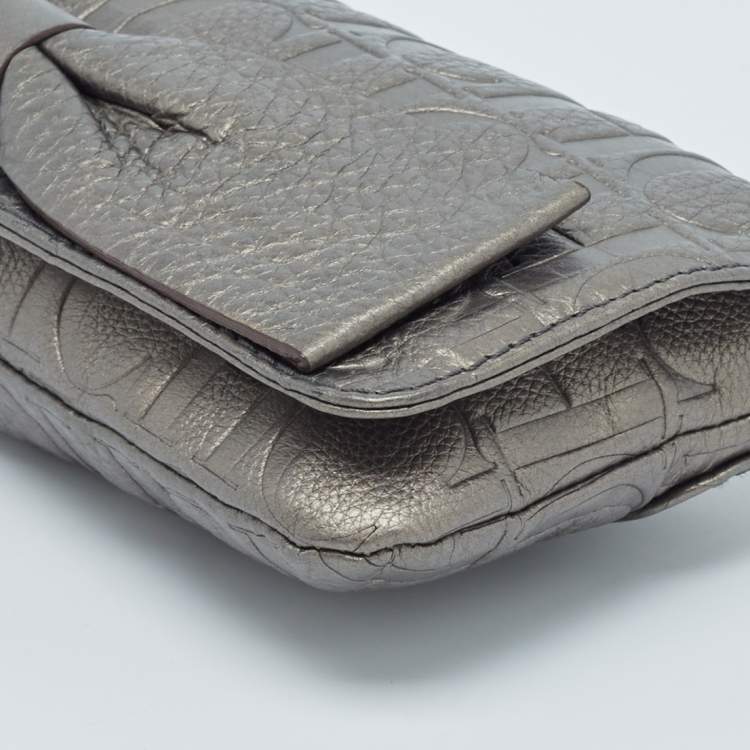 Pre Owned Carolina Herrera Metallic Monogram Embossed Leather Audrey Clutch