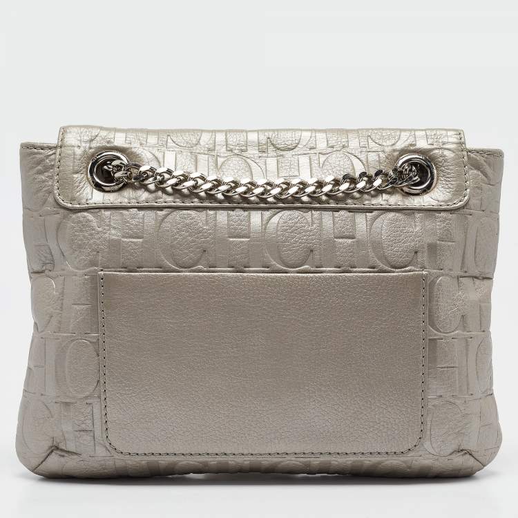 Pre Owned Carolina Herrera Silver Monogram Embossed Leather Audrey Shoulder Bag