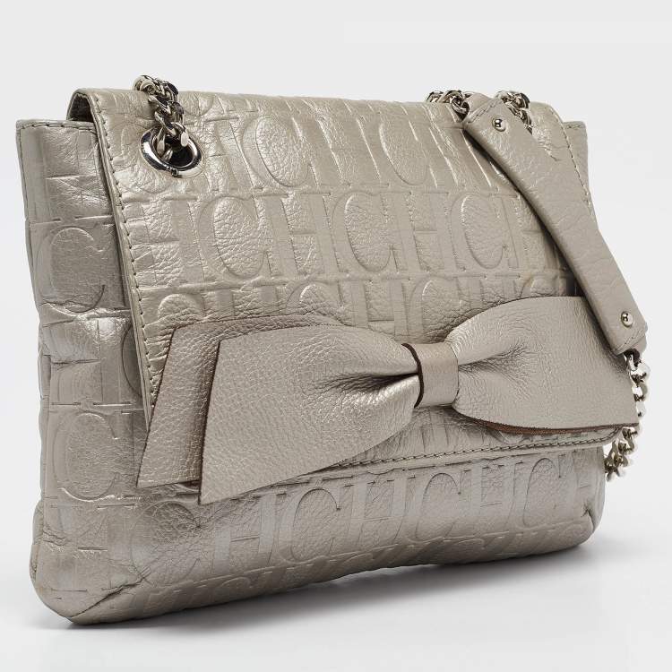 Pre Owned Carolina Herrera Silver Monogram Embossed Leather Audrey Shoulder Bag