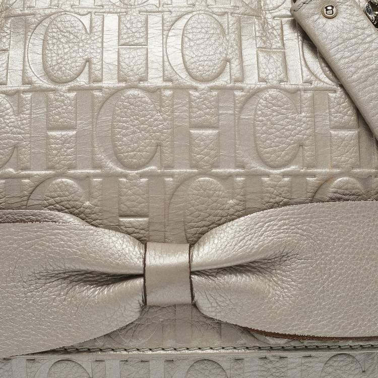 Pre Owned Carolina Herrera Silver Monogram Embossed Leather Audrey Shoulder Bag