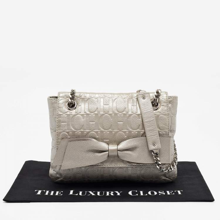 Pre Owned Carolina Herrera Silver Monogram Embossed Leather Audrey Shoulder Bag