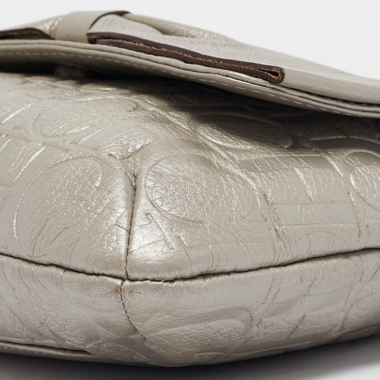 Pre Owned Carolina Herrera Silver Monogram Embossed Leather Audrey Shoulder Bag