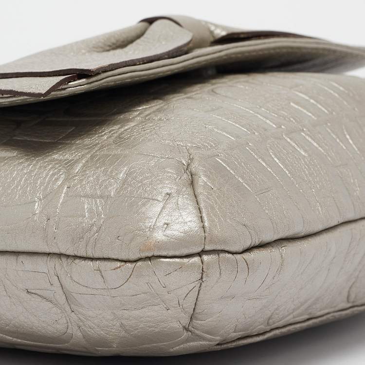 Pre Owned Carolina Herrera Silver Monogram Embossed Leather Audrey Shoulder Bag