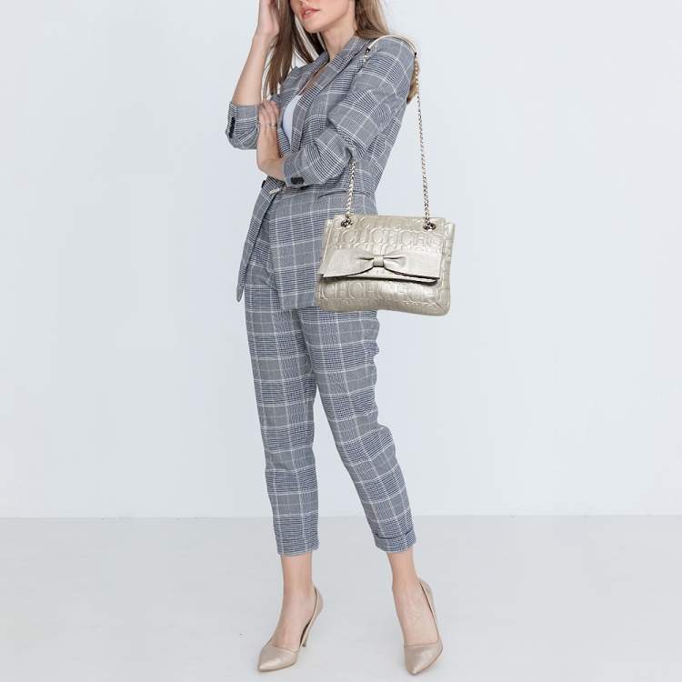 Pre Owned Carolina Herrera Silver Monogram Embossed Leather Audrey Shoulder Bag