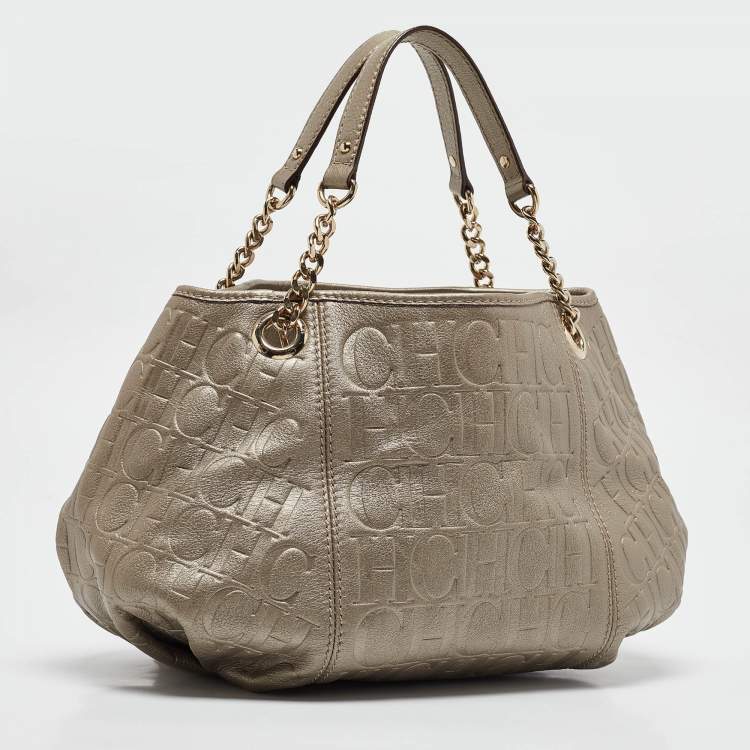 Pre Owned Carolina Herrera Grey Monogram Embossed Leather Chain Hobo