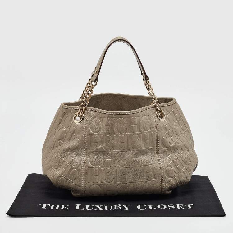 Pre Owned Carolina Herrera Grey Monogram Embossed Leather Chain Hobo