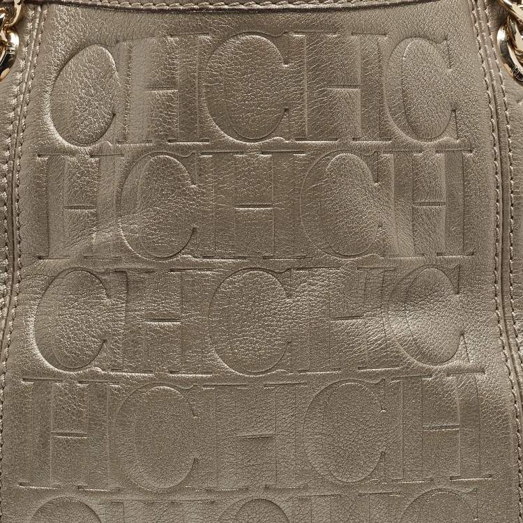Pre Owned Carolina Herrera Grey Monogram Embossed Leather Chain Hobo