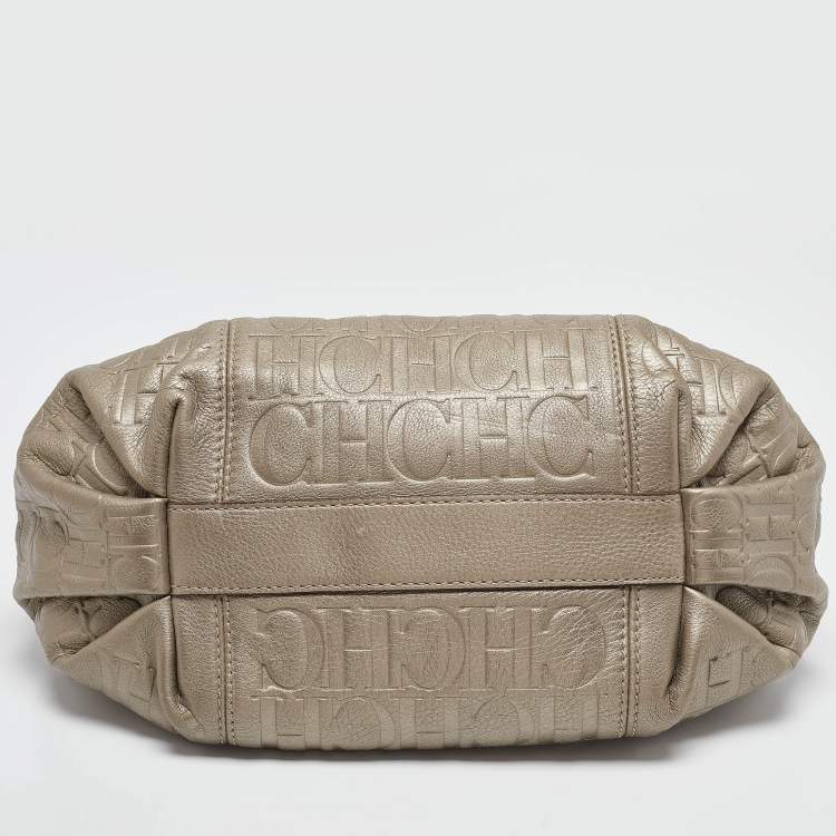 Pre Owned Carolina Herrera Grey Monogram Embossed Leather Chain Hobo