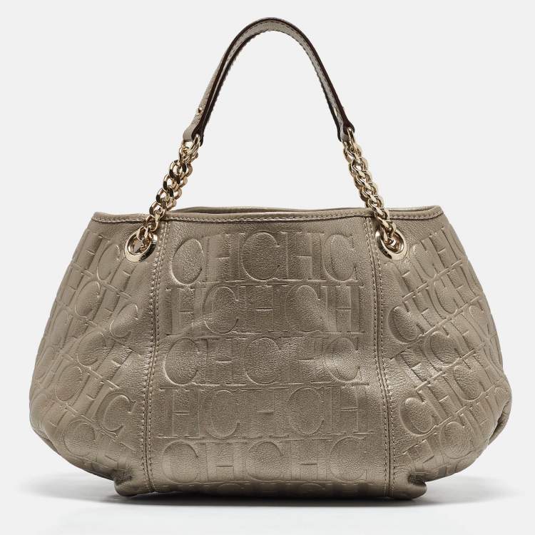 Pre Owned Carolina Herrera Grey Monogram Embossed Leather Chain Hobo