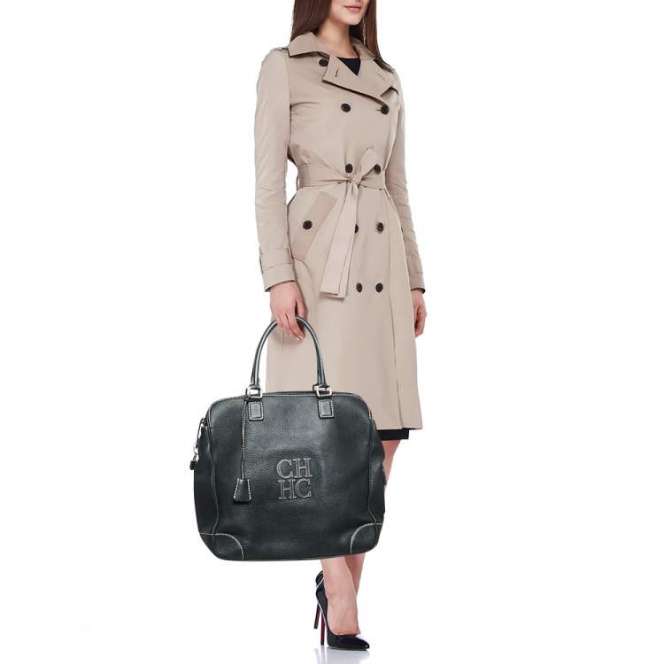 Pre Owned Carolina Herrera Black Leather Middle Zip Satchel