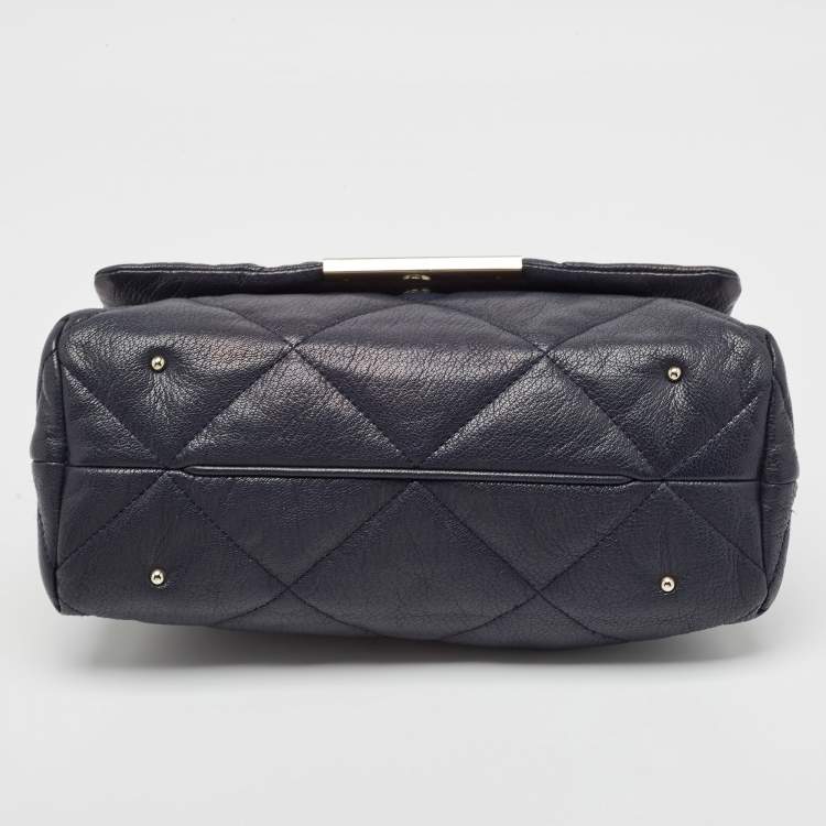 Pre Owned Carolina Herrera Navy Blue Logo Embossed Leather Metal Flap Shoulder Bag