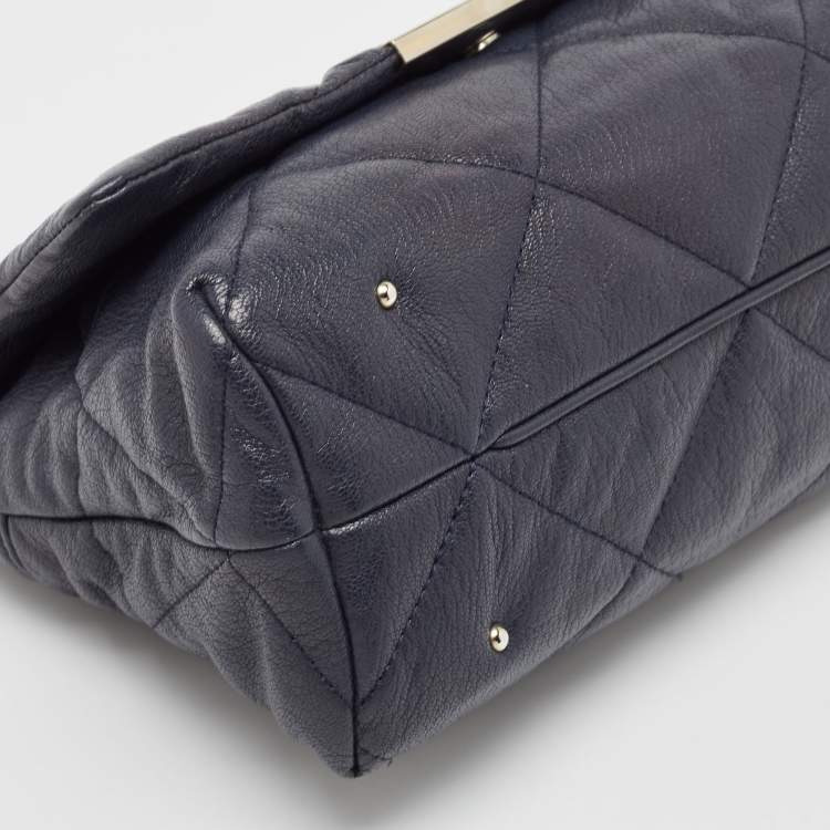 Pre Owned Carolina Herrera Navy Blue Logo Embossed Leather Metal Flap Shoulder Bag