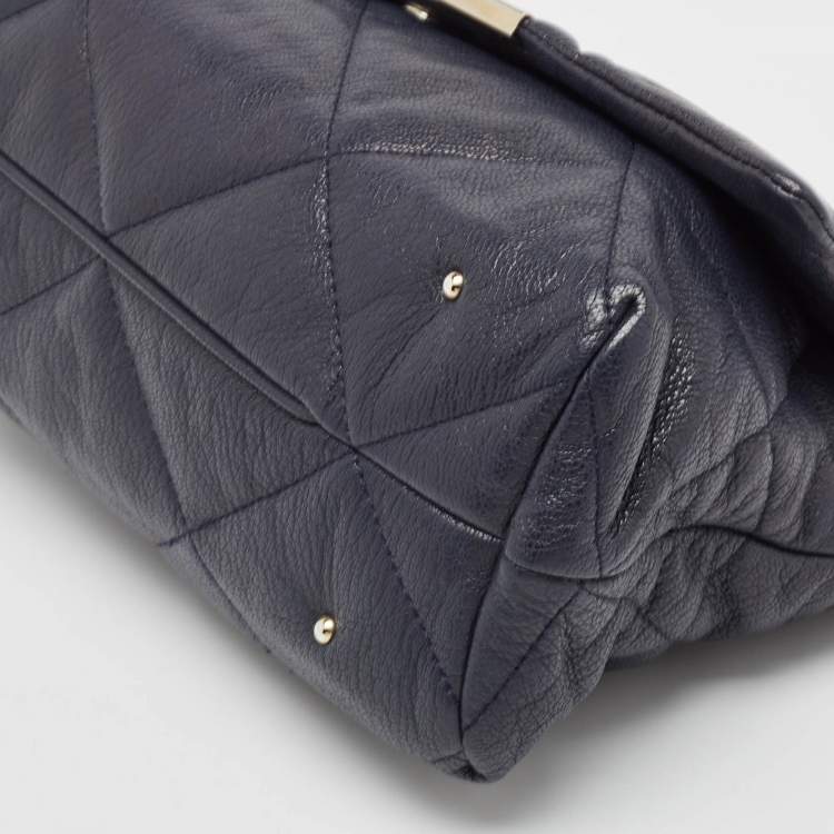 Pre Owned Carolina Herrera Navy Blue Logo Embossed Leather Metal Flap Shoulder Bag