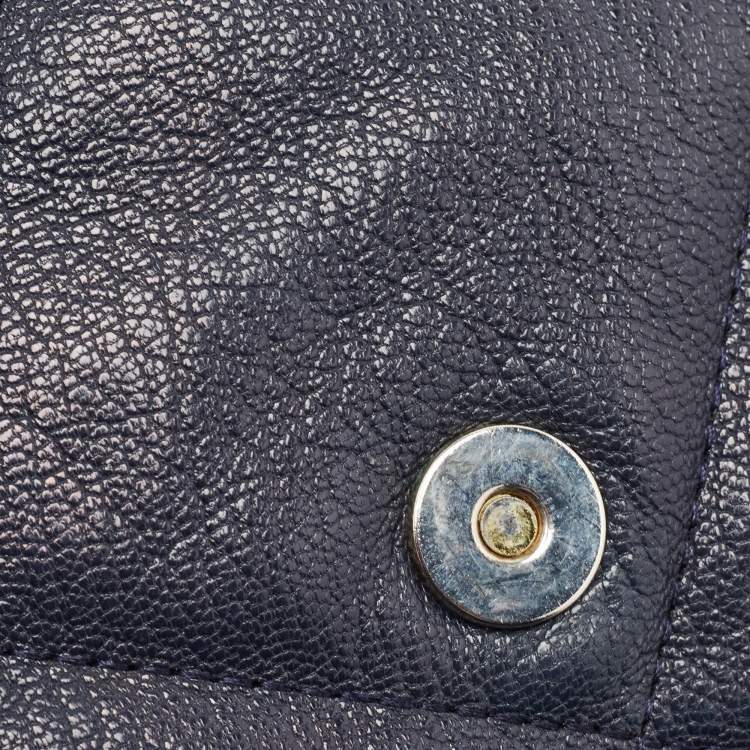 Pre Owned Carolina Herrera Navy Blue Logo Embossed Leather Metal Flap Shoulder Bag