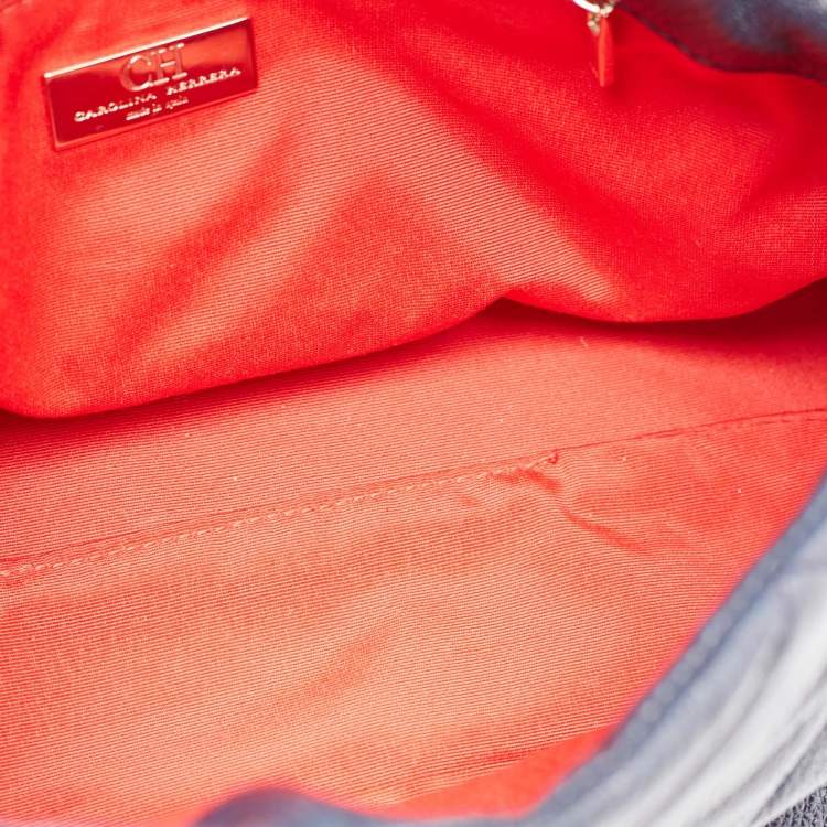 Pre Owned Carolina Herrera Navy Blue Logo Embossed Leather Metal Flap Shoulder Bag