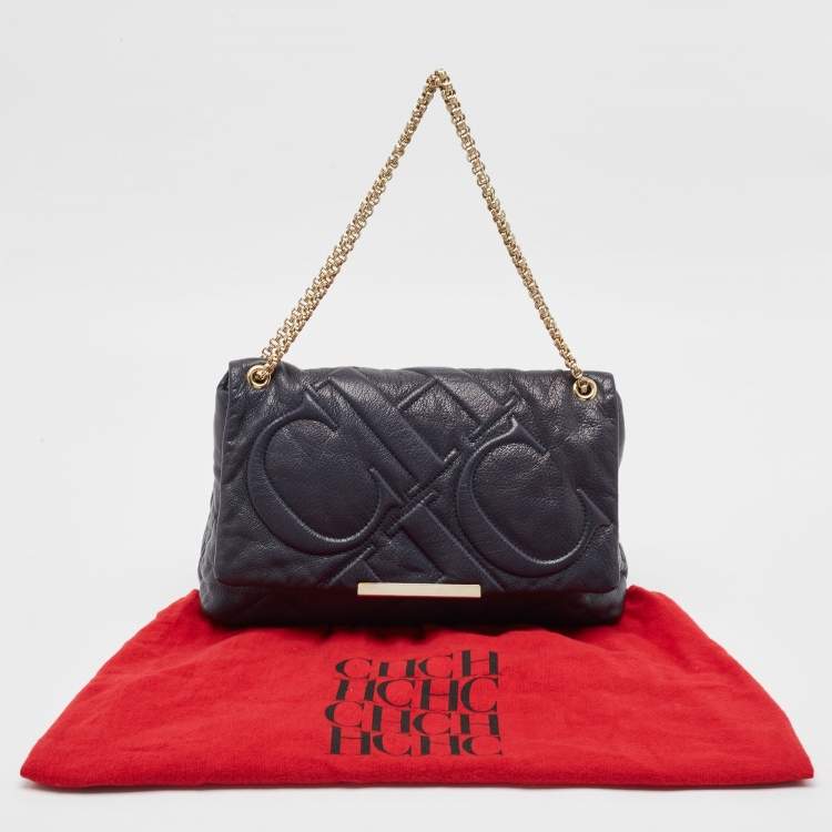 Pre Owned Carolina Herrera Navy Blue Logo Embossed Leather Metal Flap Shoulder Bag