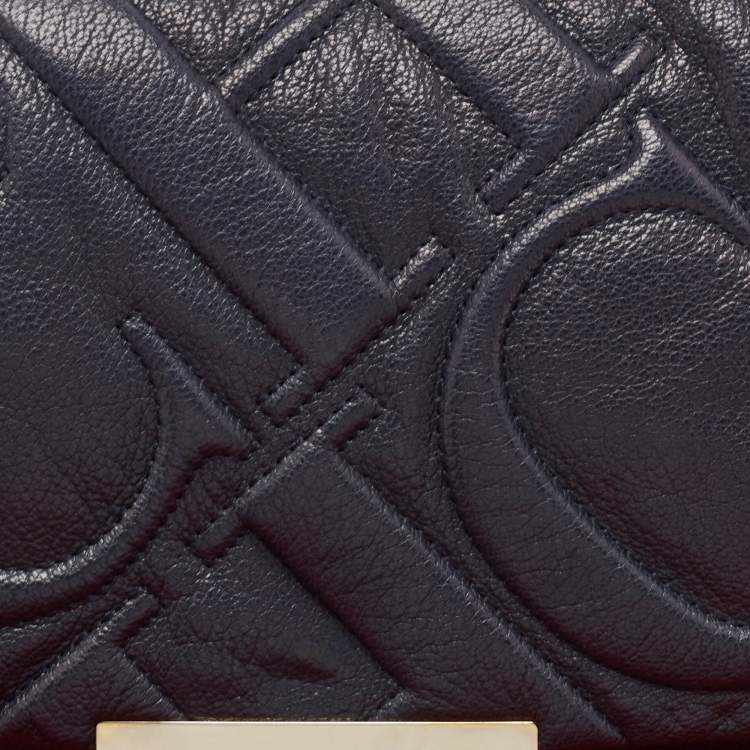Pre Owned Carolina Herrera Navy Blue Logo Embossed Leather Metal Flap Shoulder Bag