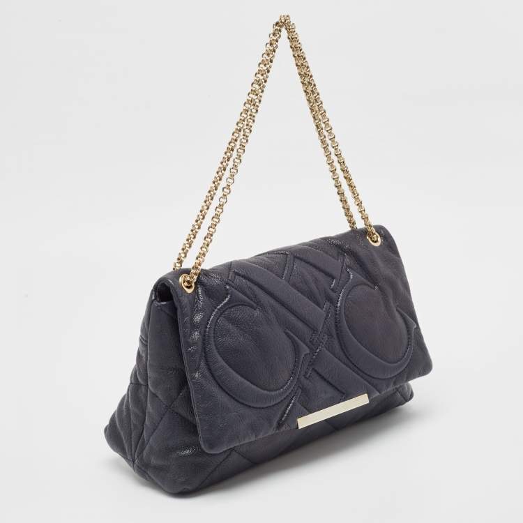 Pre Owned Carolina Herrera Navy Blue Logo Embossed Leather Metal Flap Shoulder Bag