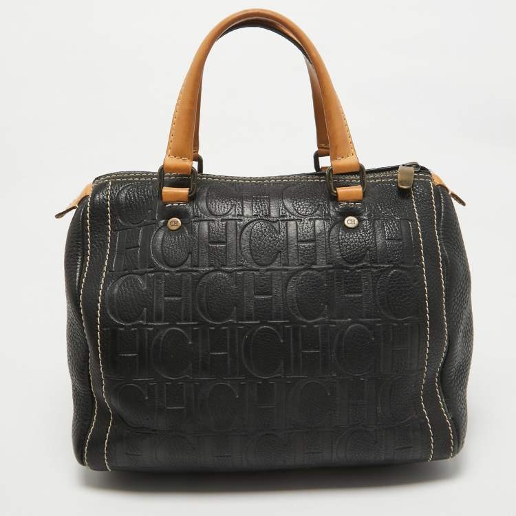 Pre Owned Carolina Herrera Black/Beige Monogram Embossed Leather Andy Boston Bag