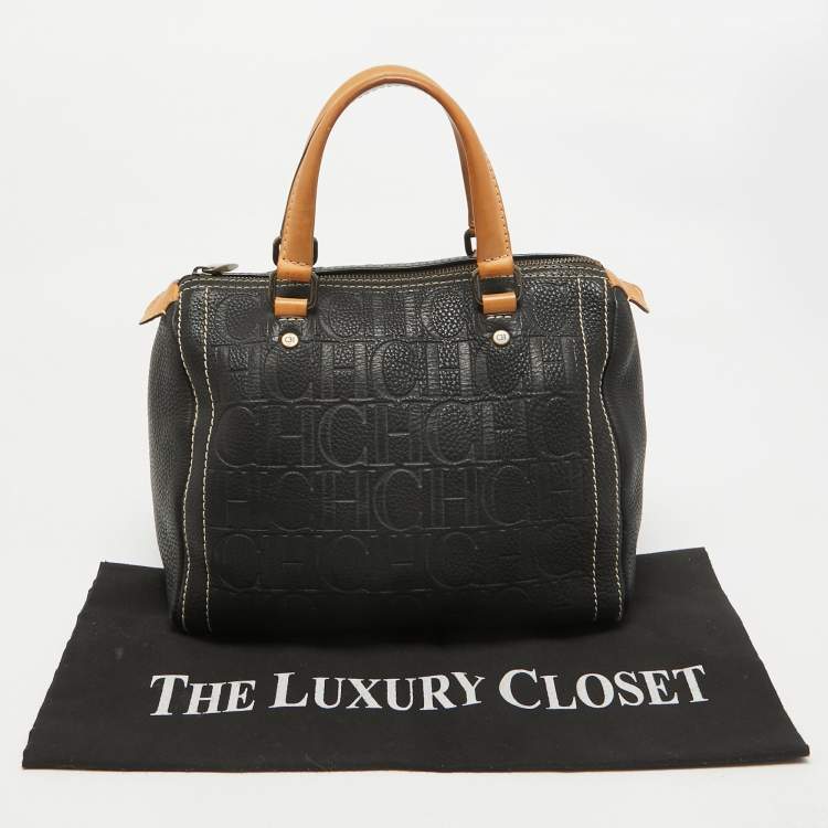 Pre Owned Carolina Herrera Black/Beige Monogram Embossed Leather Andy Boston Bag