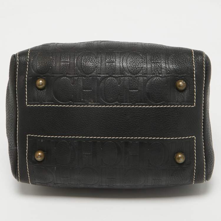 Pre Owned Carolina Herrera Black/Beige Monogram Embossed Leather Andy Boston Bag
