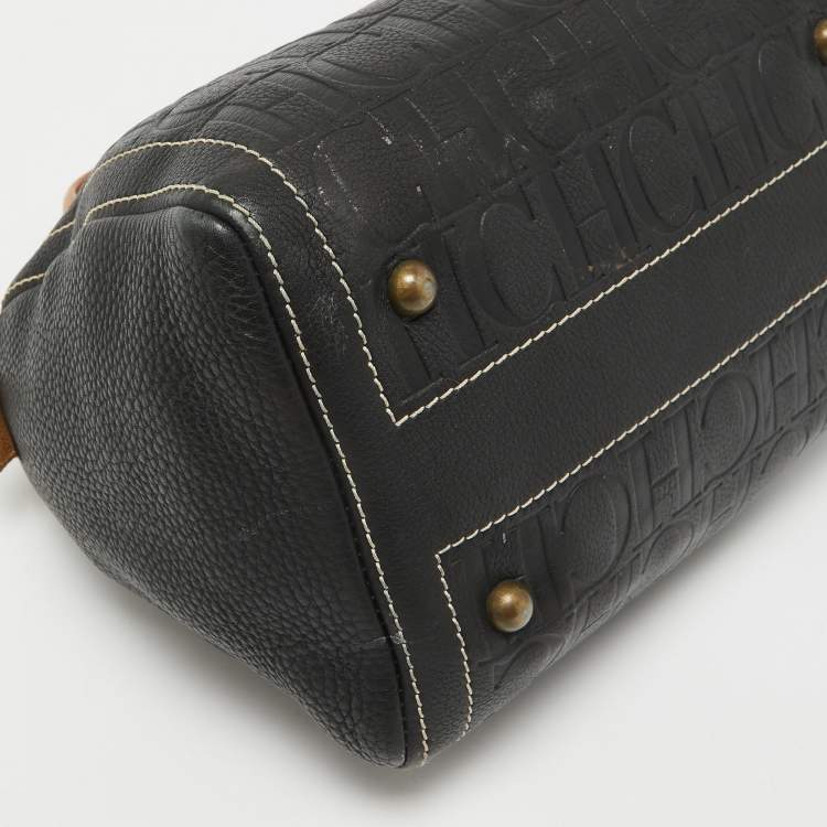 Pre Owned Carolina Herrera Black/Beige Monogram Embossed Leather Andy Boston Bag